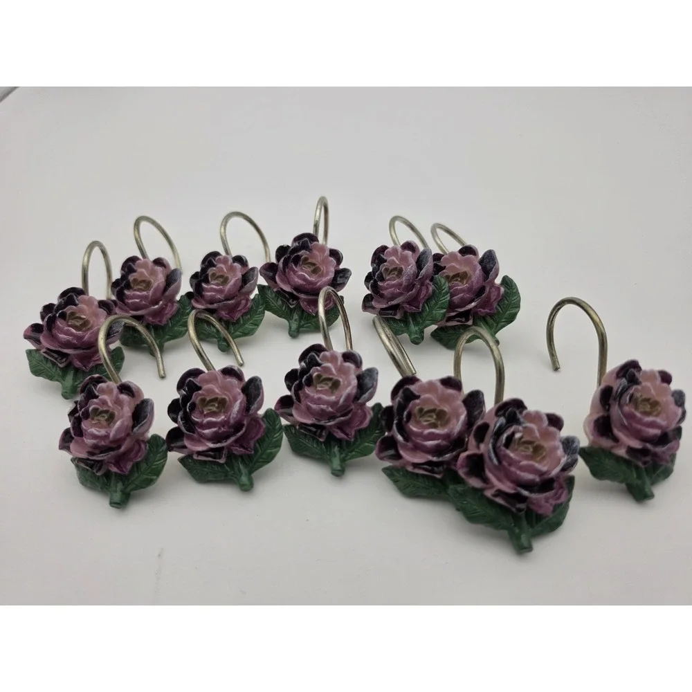 VINTAGE 12 Bordeaux Purple/Lavender Rose Shower Curtain Hooks Rings CottageCore